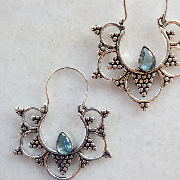New Round Boho Gypsy Style Blue Quartz Silver Earrings. - Picture 6 of 10